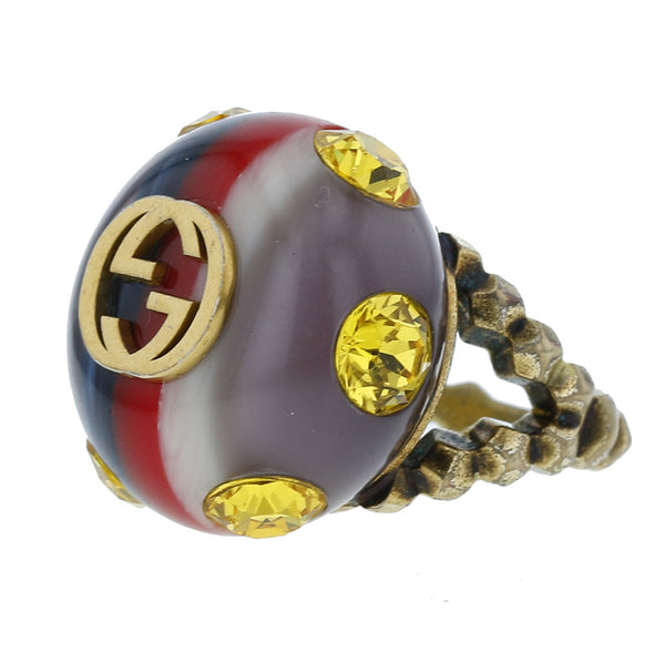 グッチ レッド グリーン ラインストーン ヴィンテージ ウェブライン リング 指輪 レディース GUCCI 15号 中古