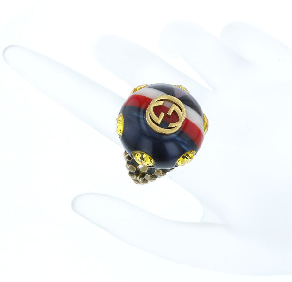 グッチ レッド グリーン ラインストーン ヴィンテージ ウェブライン リング 指輪 レディース GUCCI 15号 中古