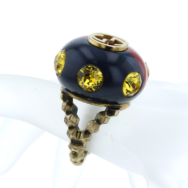 グッチ レッド グリーン ラインストーン ヴィンテージ ウェブライン リング 指輪 レディース GUCCI 15号 中古