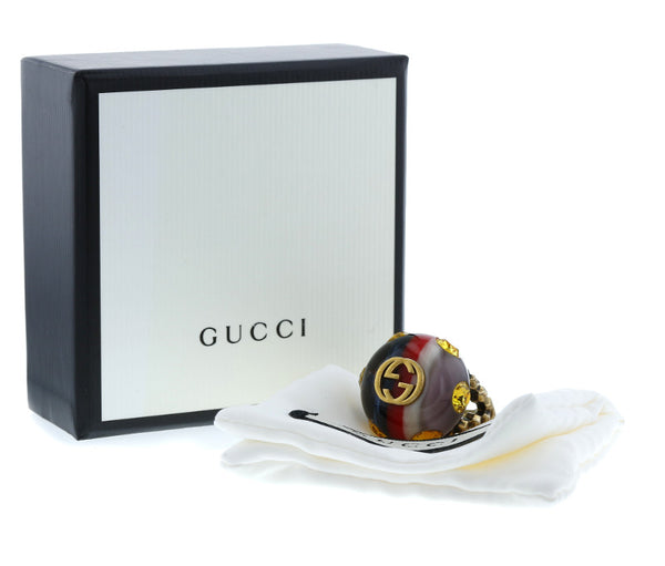 グッチ レッド グリーン ラインストーン ヴィンテージ ウェブライン リング 指輪 レディース GUCCI 15号 中古