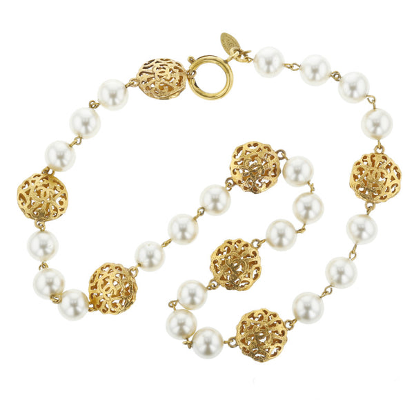 シャネル メッキ パール12mm パール ここマーク ネックレス レディース CHANEL ２ ５刻印 中古