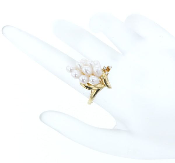 K18YG イエローゴールド 淡水パール4mm～7mm ダイヤ0.04ct リング 指輪 レディース 13号 【中古】