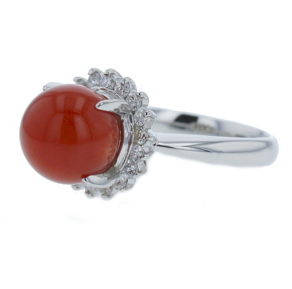 Pt900 プラチナ 珊瑚9.3mm ダイヤ0.37ct リング 指輪 レディース 12号 中古