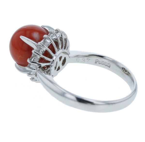 Pt900 プラチナ 珊瑚9.3mm ダイヤ0.37ct リング 指輪 レディース 12号 中古