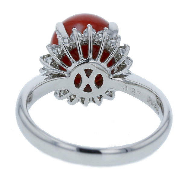 Pt900 プラチナ 珊瑚9.3mm ダイヤ0.37ct リング 指輪 レディース 12号 中古