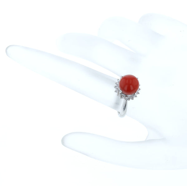 Pt900 プラチナ 珊瑚9.3mm ダイヤ0.37ct リング 指輪 レディース 12号 中古