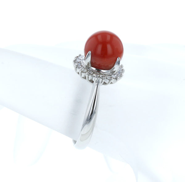 Pt900 プラチナ 珊瑚9.3mm ダイヤ0.37ct リング 指輪 レディース 12号 中古