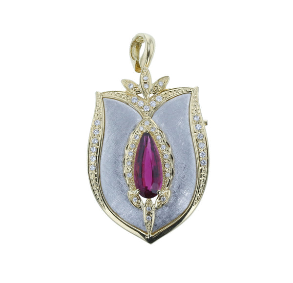 Pt900 プラチナ K18 ゴールド コンビ トルマリン3.21ct ダイヤ0.36ct ブローチ レディース 中古