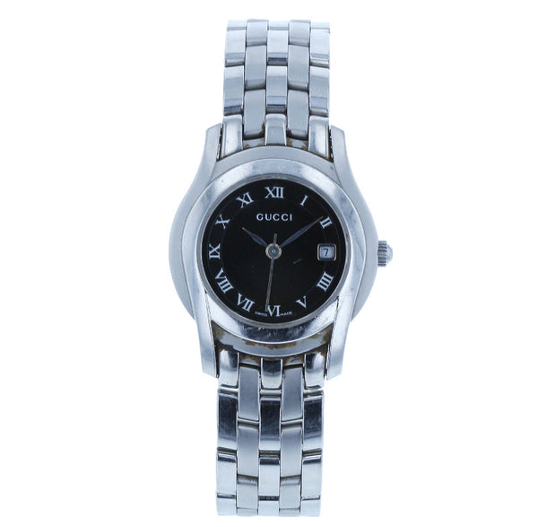 グッチ 5500L シルバー ステンレススチール 腕時計 レディース GUCCI クオーツ ブラック文字盤 【中古】
