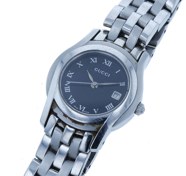 グッチ 5500L シルバー ステンレススチール 腕時計 レディース GUCCI クオーツ ブラック文字盤 【中古】