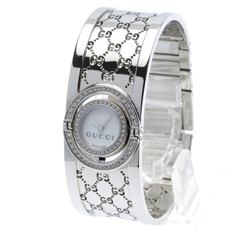 グッチ 112 トワール ダイヤベゼル シルバー ステンレススチール バングル ウォッチ 腕時計 レディース GUCCI クオーツ ホワイト文字盤 中古