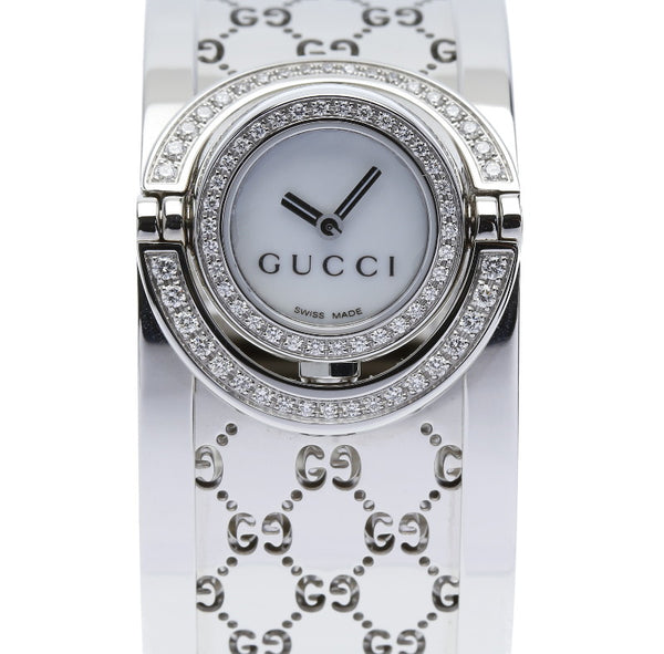 グッチ 112 トワール ダイヤベゼル シルバー ステンレススチール バングル ウォッチ 腕時計 レディース GUCCI クオーツ ホワイト文字盤 中古