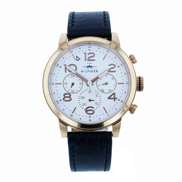 トミーヒルフィガー TH.286.1.34.1987 ブラック ゴールド ステンレススチール レザー 腕時計 メンズ TOMMY HILFIGER クオーツ ホワイト文字盤 【中古】
