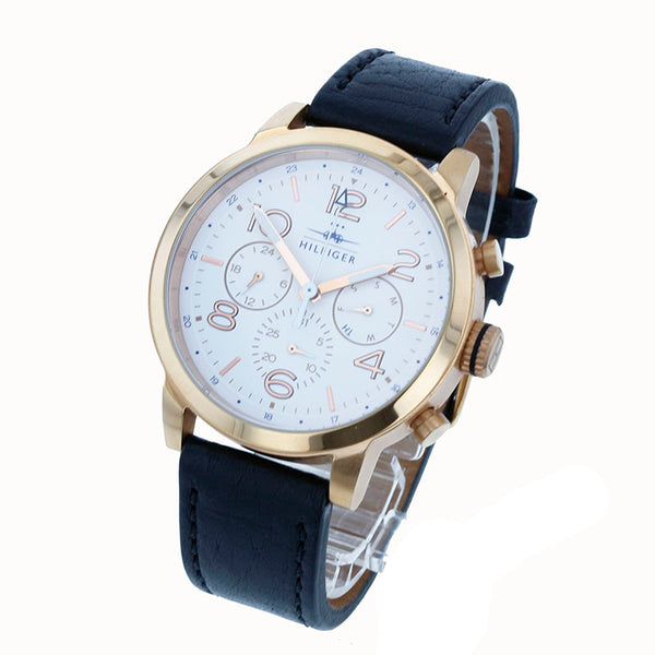 トミーヒルフィガー TH.286.1.34.1987 ブラック ゴールド ステンレススチール レザー 腕時計 メンズ TOMMY HILFIGER クオーツ ホワイト文字盤 【中古】