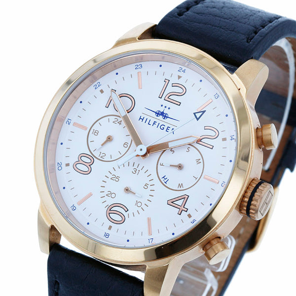 トミーヒルフィガー TH.286.1.34.1987 ブラック ゴールド ステンレススチール レザー 腕時計 メンズ TOMMY HILFIGER クオーツ ホワイト文字盤 【中古】