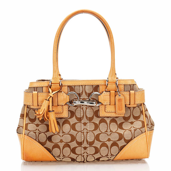 コーチ シグネチャー 10245 ベージュ ブラウン キャンバス レザー ハンドバッグ レディース COACH 【中古】