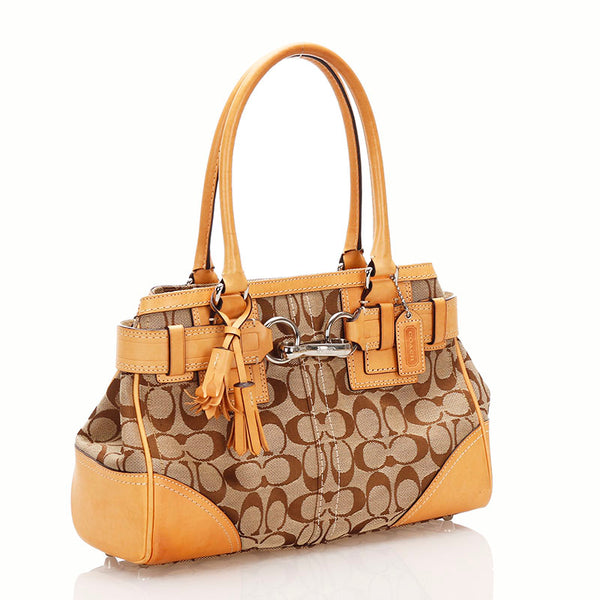 コーチ シグネチャー 10245 ベージュ ブラウン キャンバス レザー ハンドバッグ レディース COACH 【中古】