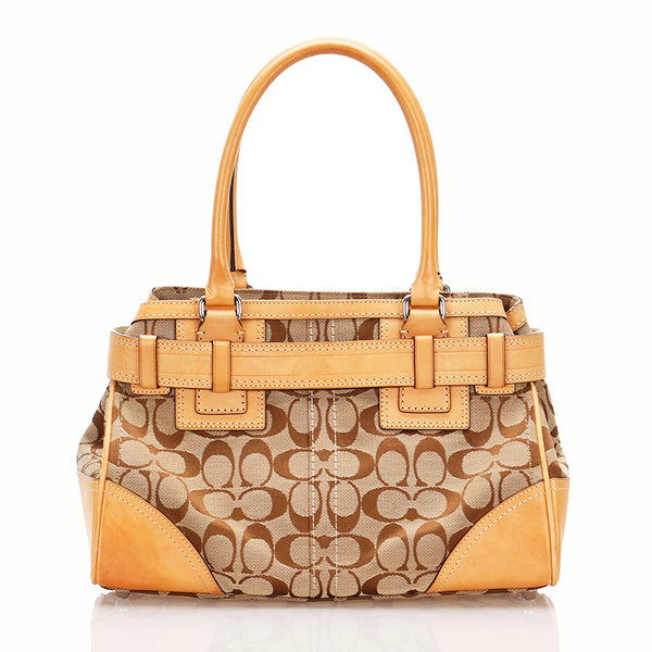 コーチ シグネチャー 10245 ベージュ ブラウン キャンバス レザー ハンドバッグ レディース COACH 【中古】