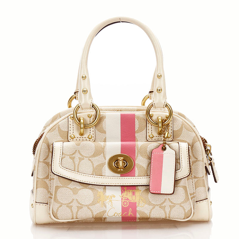 コーチ ヘリテージ ストライプ　 スモール ドーム サッチェル 13194 アイボリー ベージュ PVC レザー ハンドバッグ レディース COACH 【中古】
