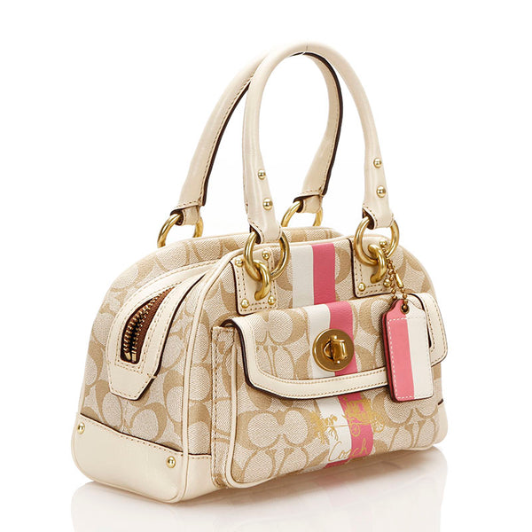 コーチ ヘリテージ ストライプ　 スモール ドーム サッチェル 13194 アイボリー ベージュ PVC レザー ハンドバッグ レディース COACH 【中古】