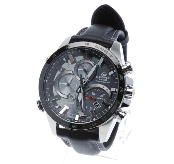 カシオ エディフィス EQB-501 ブラック メタル レザー 腕時計 メンズ CASIO ソーラー電波時計 シルバー文字盤 【中古】