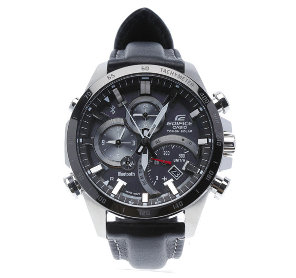 カシオ エディフィス EQB-501 ブラック メタル レザー 腕時計 メンズ CASIO ソーラー電波時計 シルバー文字盤 【中古】