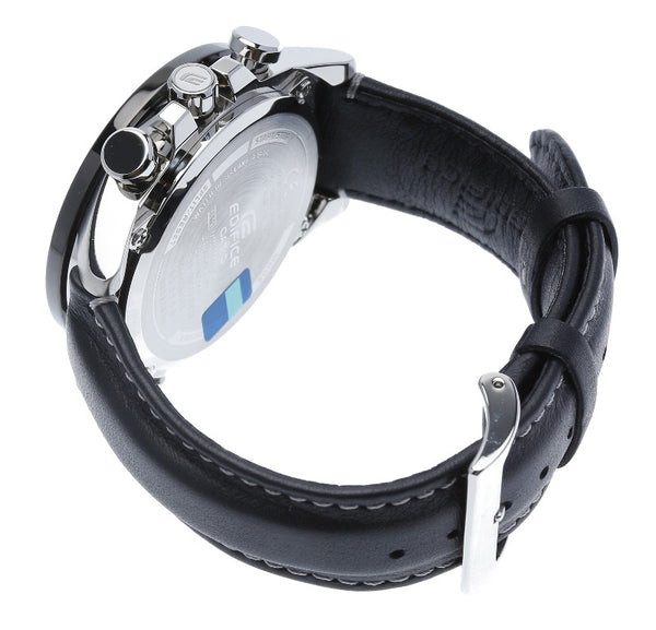 カシオ エディフィス EQB-501 ブラック メタル レザー 腕時計 メンズ CASIO ソーラー電波時計 シルバー文字盤 【中古】