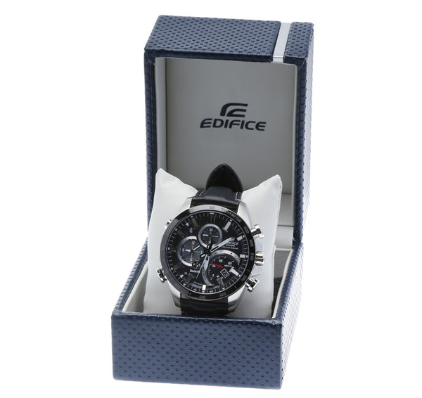 カシオ エディフィス EQB-501 ブラック メタル レザー 腕時計 メンズ CASIO ソーラー電波時計 シルバー文字盤 【中古】