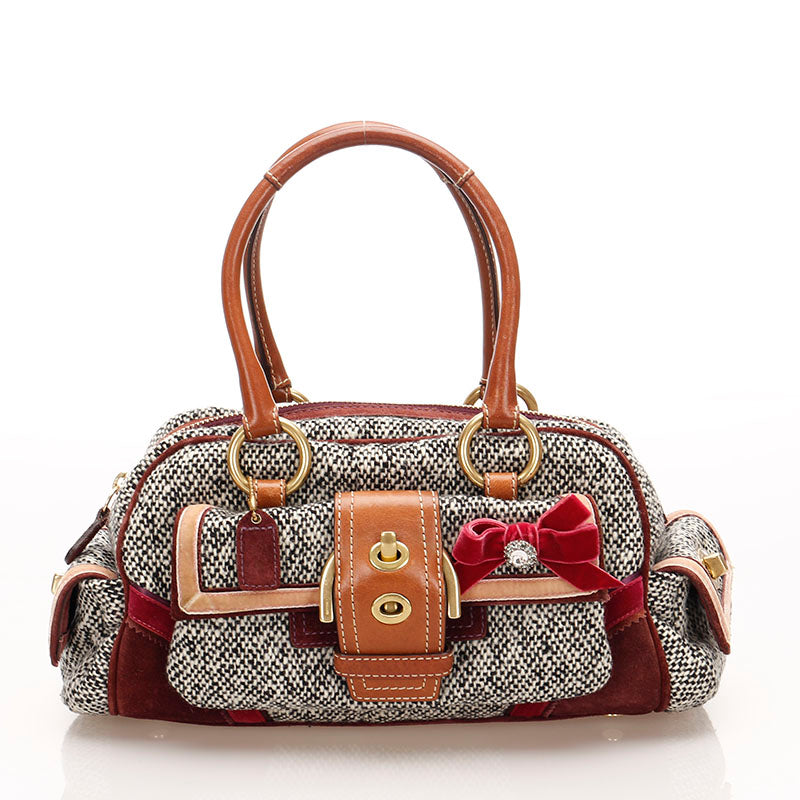 コーチ リボン 8F03 ホワイト ブラック パープル ツイード スウェード ハンドバッグ レディース COACH 【中古】