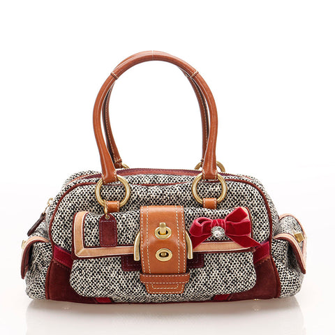 コーチ リボン 8F03 ホワイト ブラック パープル ツイード スウェード ハンドバッグ レディース COACH 【中古】