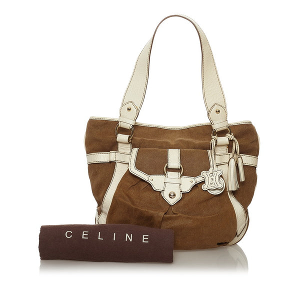 セリーヌ ハンドバッグ ブラウン ホワイト キャンバス レザー レディース CELINE 【中古】