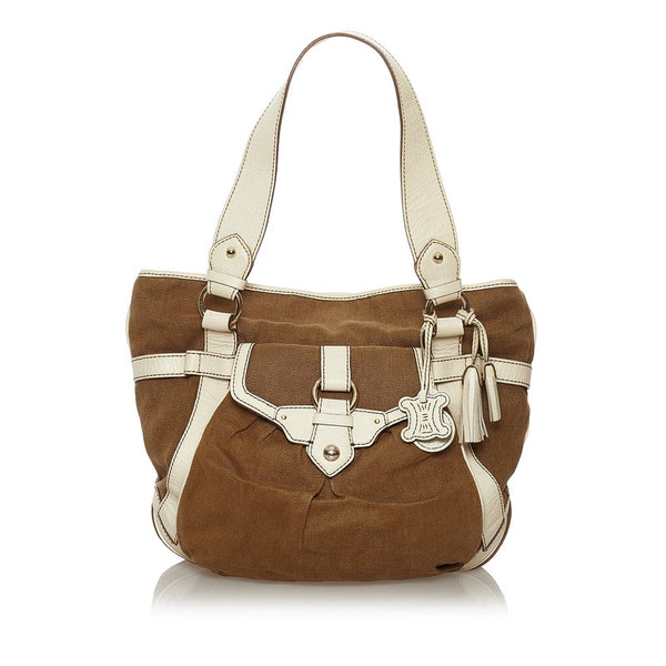 セリーヌ ハンドバッグ ブラウン ホワイト キャンバス レザー レディース CELINE 【中古】