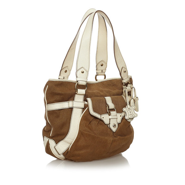 セリーヌ ハンドバッグ ブラウン ホワイト キャンバス レザー レディース CELINE 【中古】