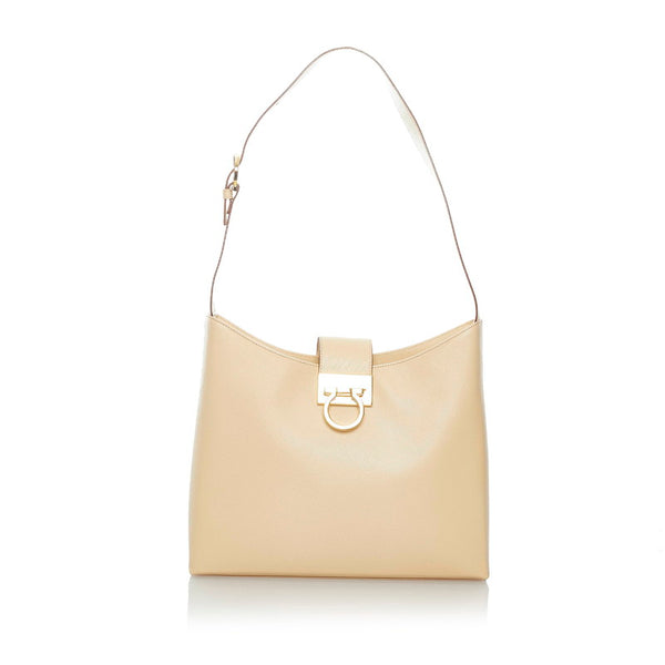 サルヴァトーレフェラガモ ガンチーニ トリフォリオ ワンショルダー AQ‐21 8662 ベージュ レザー レディース Salvatore Ferragamo 【中古】