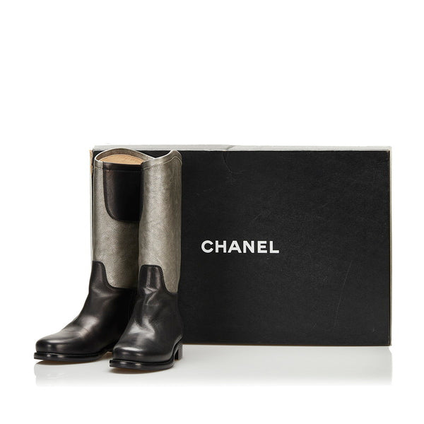シャネル ココマーク ロングブーツ シルバー ブラック レザー レディース CHANEL 【中古】