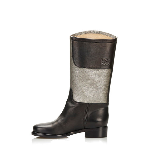 シャネル ココマーク ロングブーツ シルバー ブラック レザー レディース CHANEL 【中古】