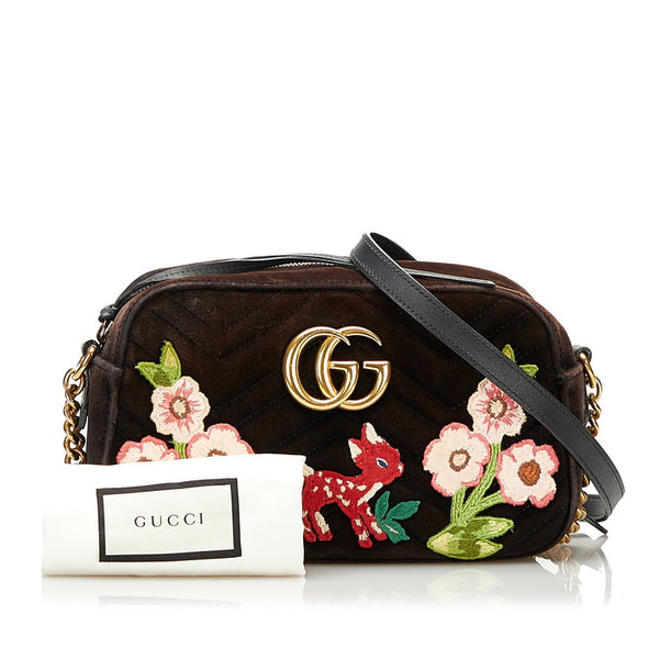 グッチ GGマーモント バンビ フラワー チェーン ショルダーバッグ  447632 ブラック ベロア レザー レディース GUCCI 【中古】