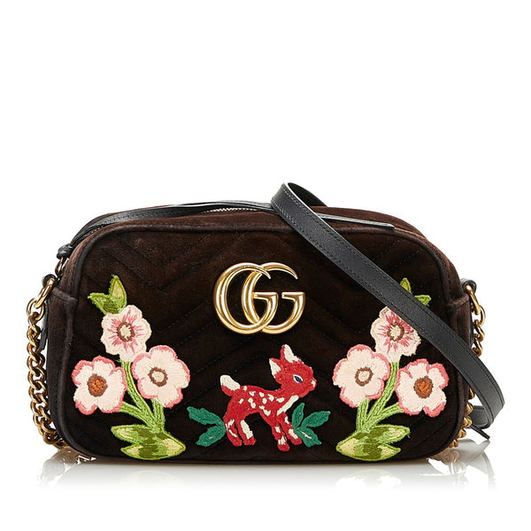 グッチ GGマーモント バンビ フラワー チェーン ショルダーバッグ  447632 ブラック ベロア レザー レディース GUCCI 【中古】
