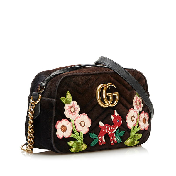 グッチ GGマーモント バンビ フラワー チェーン ショルダーバッグ  447632 ブラック ベロア レザー レディース GUCCI 【中古】
