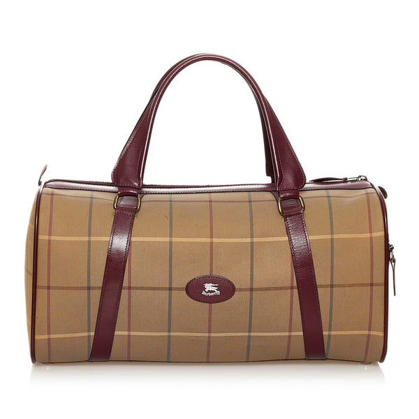 バーバリー チェック カーキ ブラウン キャンバス レザー ボストンバッグ レディース BURBERRY 【中古】