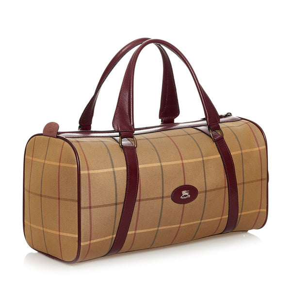 バーバリー チェック カーキ ブラウン キャンバス レザー ボストンバッグ レディース BURBERRY 【中古】
