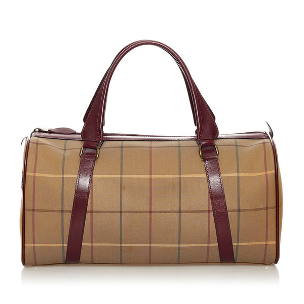 バーバリー チェック カーキ ブラウン キャンバス レザー ボストンバッグ レディース BURBERRY 【中古】