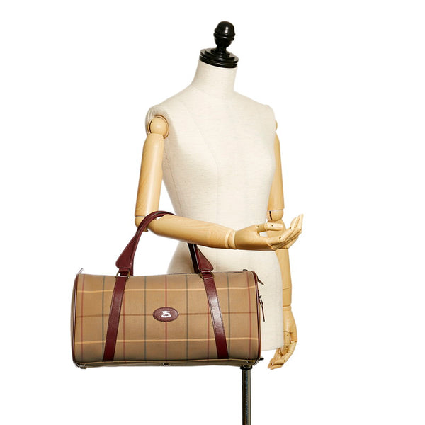 バーバリー チェック カーキ ブラウン キャンバス レザー ボストンバッグ レディース BURBERRY 【中古】