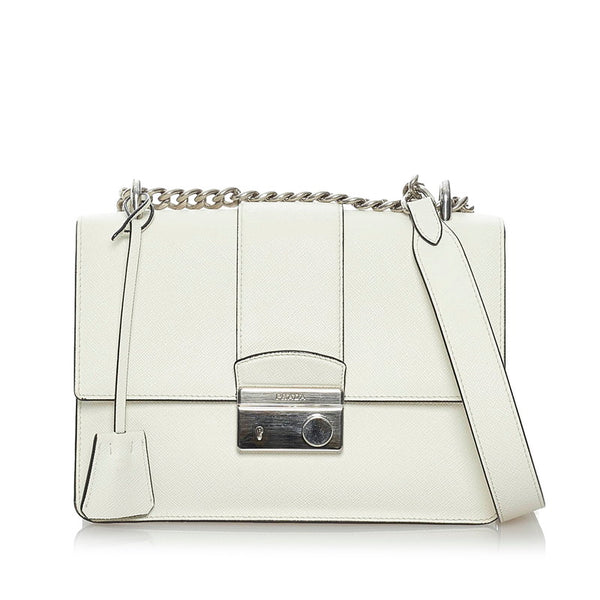 プラダ サフィアーノ 1BD034 ホワイト レザー チェーン ショルダーバッグ レディース PRADA 【中古】