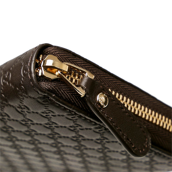 グッチ マイクログッチシマ ラウンドファスナー 長財布 449391 ダークブラウン レザー レディース GUCCI 【中古】