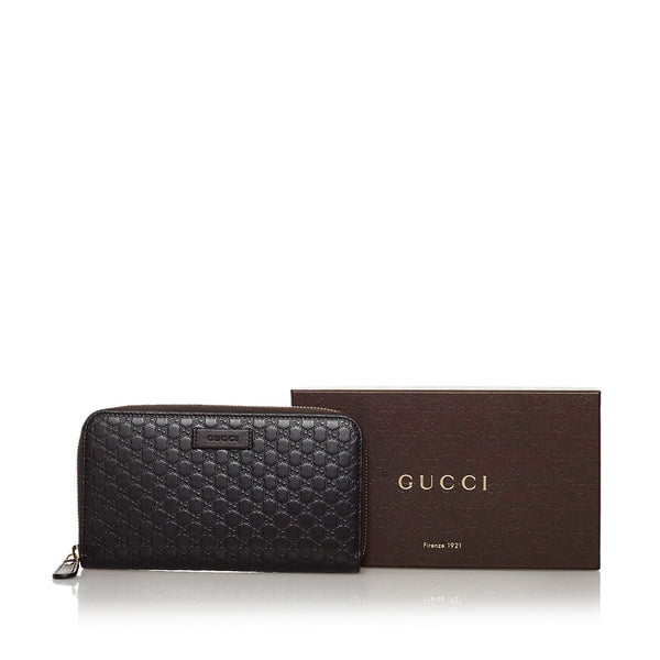 グッチ マイクログッチシマ ラウンドファスナー 長財布 449391 ダークブラウン レザー レディース GUCCI 【中古】