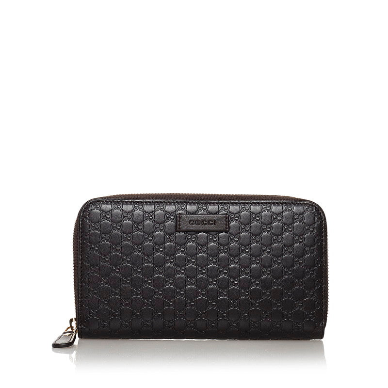 グッチ マイクログッチシマ ラウンドファスナー 長財布 449391 ダークブラウン レザー レディース GUCCI 【中古】