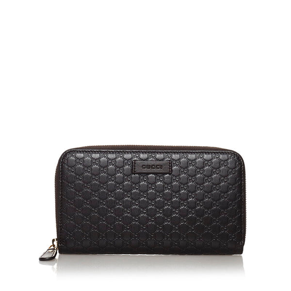 グッチ マイクログッチシマ ラウンドファスナー 長財布 449391 ダークブラウン レザー レディース GUCCI 【中古】