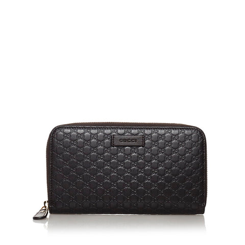 グッチ マイクログッチシマ ラウンドファスナー 長財布 449391 ダークブラウン レザー レディース GUCCI 【中古】