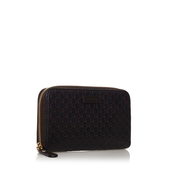 グッチ マイクログッチシマ ラウンドファスナー 長財布 449391 ダークブラウン レザー レディース GUCCI 【中古】